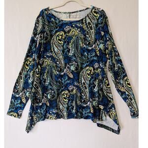 Westbound Woman Blue Teal Paisley Asymmetric Hanky Hem Top 2X Boho Wimsygoth New